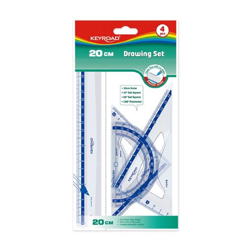 Vonalzókészlet 20 cm vonalzó, szögmérő, 45° és 60° háromszög vonalzók 4 db/bliszter Keyroad