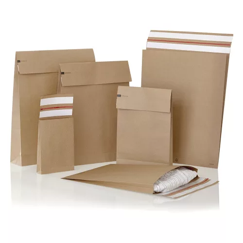 Csomagküldő webshop tasak 250x350x50mm, erős kraft papírból 250 db/doboz, E-green barna