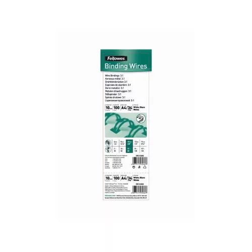 Fém spirál 3:1, 8mm, 36-50lap, Fellowes® 100 db/doboz, fehér