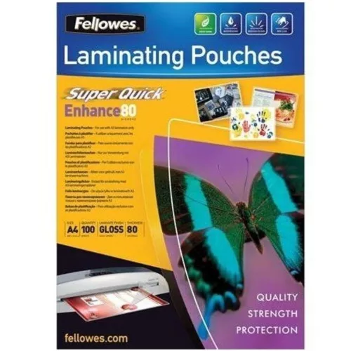 Lamináló fólia, A4, 80 mikron, fényes, 100 db/doboz, SuperQuick Fellowes®