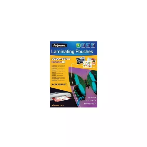 Lamináló fólia, A4, 80 mikron, fényes, 100 db/doboz, SuperQuick Fellowes®
