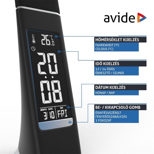 Asztali LED lámpa, kijelzős, 6W, 5000K, AVIDE, fekete