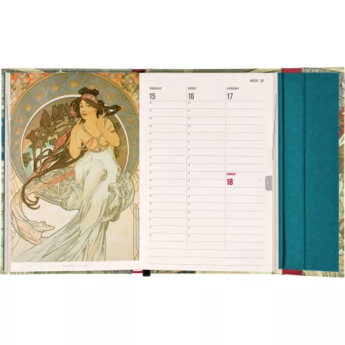 Határidőnapló mágnessel záródó, heti, fehér lapokkal Alphonse Mucha 110x160mm, Presco