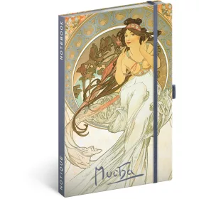   Keménytáblás notesz krémszínű lapokkal, vonalas, leszorító gumiszalaggal Alphonse Mucha – Music 130x210mm, Presco