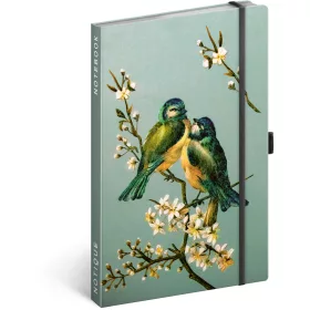  Keménytáblás notesz krémszínű lapokkal, pontozott, leszorító gumiszalaggal Birds 130x210mm, Presco