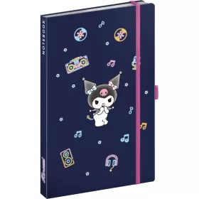   Keménytáblás notesz krémszínű lapokkal, vonalas, leszorító gumiszalaggal Kuromi 130x210mm, Presco