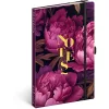 Keménytáblás notesz krémszínű lapokkal, vonalas, leszorító gumiszalaggal Purple Flowers 130x210mm, Presco
