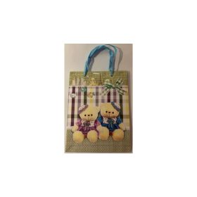   Dísztasak/ajándéktasak glitteres macik lila és kék mintás ruhában szalagfüllel 18x23x9 cm UTOLSÓ DARABOK