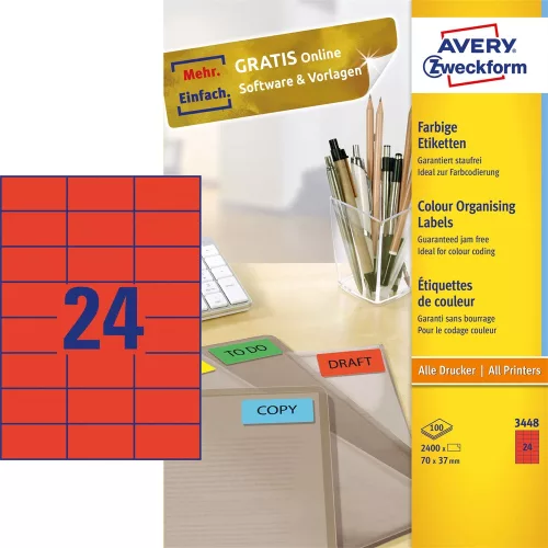 Etikett címke, 70 x37mm, univerzális, 24 címke/ív, 100 ív/doboz, Avery piros