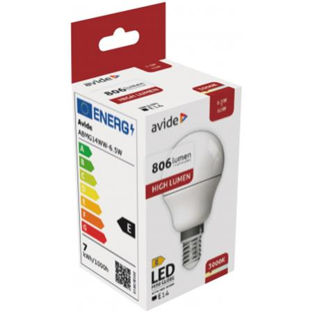 AVIDE LED izzó, E14, kisgömb, G45, 6,5W, 806lm, 3000K, AVIDE