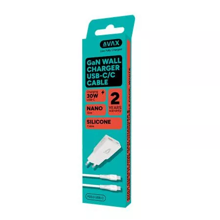 AVAX Hálózati töltő + USB-C - USB-C kábel, 1,5 m,  AVAX "CH6413", fehér