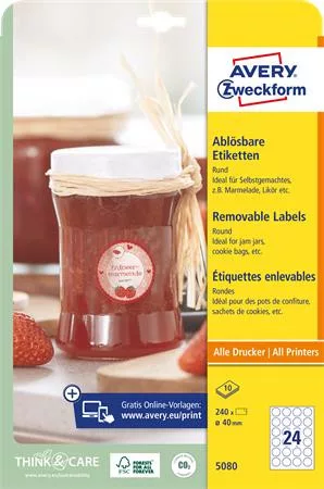 AVERY ZWECKFORM Etikett, 40 mm, kör, eltávolítható, AVERY ZWECKFORM, 240 etikett/csomag