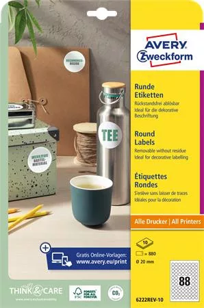 AVERY ZWECKFORM Etikett, 20 mm, kör, eltávolítható, AVERY ZWECKFORM, 880 etikett/csomag