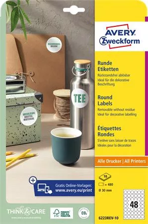 AVERY ZWECKFORM Etikett, 30 mm, kör, eltávolítható, AVERY ZWECKFORM, 480 etikett/csomag