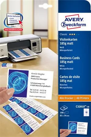 AVERY ZWECKFORM Névjegykártya, 85x54 mm, 185 g, mikroperforált, AVERY ZWECKFORM, 100 db/csomag