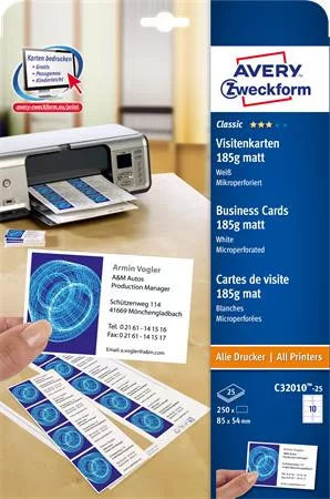 AVERY ZWECKFORM Névjegykártya, 85x54 mm, 185 g, mikroperforált, AVERY ZWECKFORM, 250 db/csomag