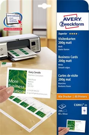 AVERY ZWECKFORM Névjegykártya, 85x54 mm, 200 g, mikroperforált, AVERY ZWECKFORM, 250 db/csomag