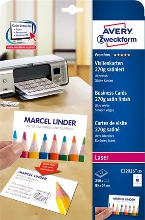AVERY ZWECKFORM Névjegykártya, 85x54 mm, 270 g, mikroperforált,  AVERY ZWECKFORM, 250 db/csomag