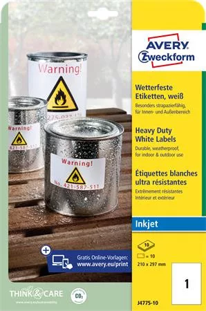 AVERY ZWECKFORM Etikett, 210x297 mm, poliészter, időjárásálló, AVERY ZWECKOFRM, fehér, 10 etikett/csomag