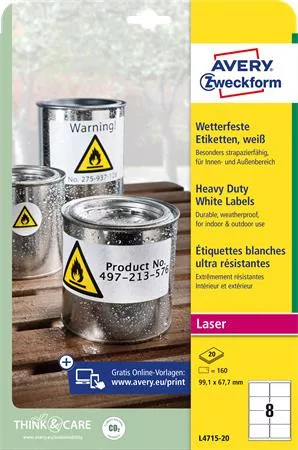 AVERY ZWECKFORM Etikett, 99,1x67,7 mm, poliészter, időjárásálló, AVERY ZWECKFORM, fehér, 160 etikett/csomag