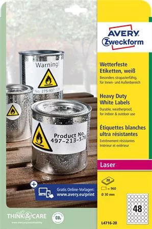 AVERY ZWECKFORM Etikett, kör, 30 mm, poliészter, időjárásálló, AVERY ZWECKFORM, fehér, 960 etikett/csomag