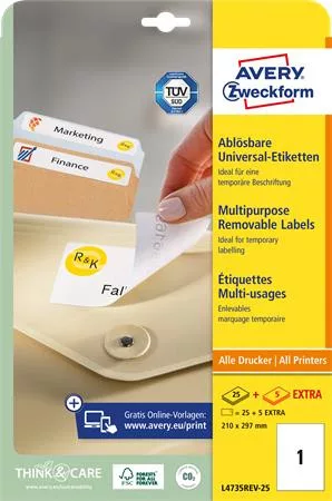 AVERY ZWECKFORM Etikett, univerzális, eltávolítható, 210x297 mm, AVERY ZWECKFORM, 30 etikett/csomag