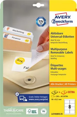 AVERY ZWECKFORM Etikett, univerzális, eltávolítható, 96x63,5 mm, AVERY ZWECKFORM, 240 etikett/csomag