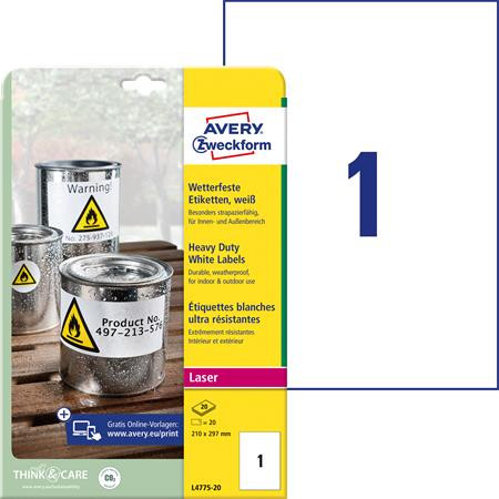 AVERY ZWECKFORM Etikett, 210x297 mm, poliészter, időjárásálló, 210x297 mm, AVERY ZWECKFORM, fehér, 20 etikett/csomag