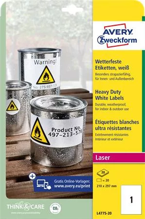 AVERY ZWECKFORM Etikett, 210x297 mm, poliészter, időjárásálló, 210x297 mm, AVERY ZWECKFORM, fehér, 20 etikett/csomag