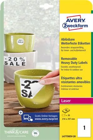 AVERY ZWECKFORM Etikett, 210x297 mm, poliészter, időjárásálló, etávolítható, AVERY ZWECKFORM, fehér, 20 etikett/csomag