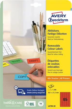 AVERY ZWECKFORM Etikett, univerzális, 38,1x 21,2mm, eltávolítható, kerekített sarkú, AVERY ZWECKFORM, 1300 etikett/csomag, piros