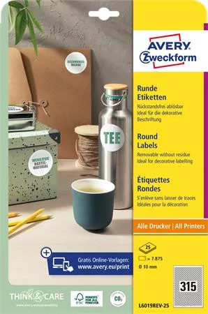 AVERY ZWECKFORM Etikett, univerzális, 10 mm, kör, eltávolítható, AVERY ZWECKFORM, 7875 etikett/csomag