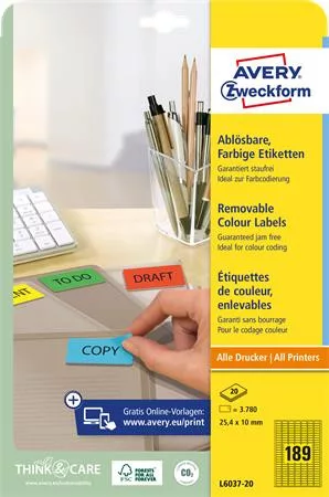 AVERY ZWECKFORM Etikett, univerzális, 25,4x10 mm, eltávolítható, kerekített sarkú, AVERY ZWECKFORM, 3780 etikett/csomag, sárga