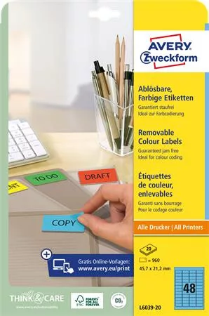 AVERY ZWECKFORM Etikett, univerzális, 45,7x21,2 mm, eltávolítható, kerekített sarkú, AVERY ZWECKFORM, 960 etikett/csomag, kék