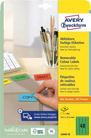 AVERY ZWECKFORM Etikett, univerzális, 45,7x21,2 mm, eltávolítható, kerekített sarkú, AVERY ZWECKFORM, 960 etikett/csomag, zöld