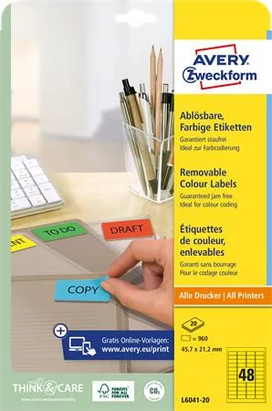 AVERY ZWECKFORM Etikett, univerzális, 45,7x21,2 mm, eltávolítható, kerekített sarkú, AVERY ZWECKFORM, 960 etikett/csomag, sárga