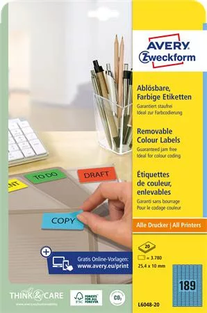 AVERY ZWECKFORM Etikett, univerzális, 25,4x10 mm, eltávolítható, kerekített sarkú, AVERY ZWECKFORM, 3780 etikett/csomag, kék