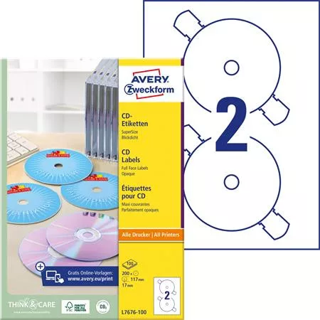 AVERY ZWECKFORM Etikett, CD/DVD, 117 mm, AVERY ZWECKFORM, 200 etikett/csomag