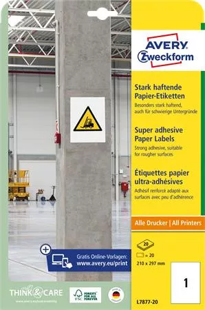 AVERY ZWECKFORM Etikett, univerzális, 210x297 mm, extra erős, AVERY ZWECKFORM, 20 etikett/csomag