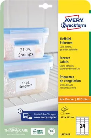 AVERY ZWECKFORM Etikett, 63,5x33,9 mm, fagyasztható, AVERY ZWECKFORM, 600 etikett/csomag