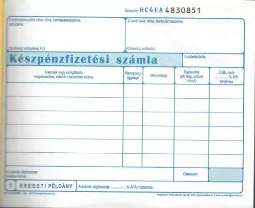 Készpénzfizetési számlatömb  VECTRA-LINE 50x2 fekvő 1 áfás ESZTÉTIKAI HIBÁS