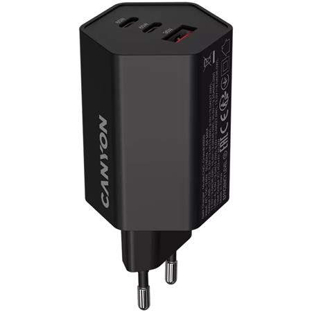 CANYON Hálózati töltő, 1xUSB-A, 2xUSB-C, 65W, CANYON "Hexagon 65", fekete