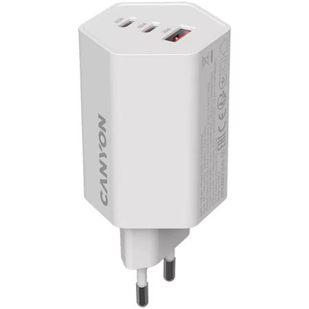CANYON Hálózati töltő, 1xUSB-A, 2xUSB-C, 65W, CANYON "Hexagon 65", fehér