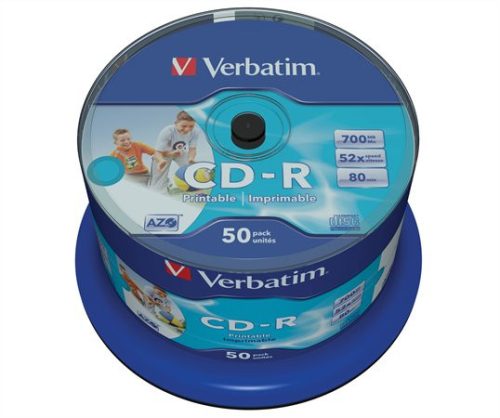 VERBATIM CD-R lemez, nyomtatható, matt, no-ID, AZO, 700MB, 52x, 50 db, hengeren, VERBATIM