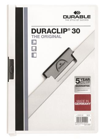 DURABLE Gyorsfűző, klipes, A4, DURABLE "DURACLIP® 30", fehér