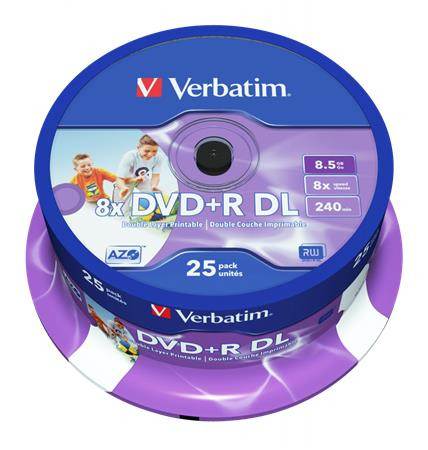 VERBATIM DVD+R lemez, kétrétegű, nyomtatható, no-ID, 8,5GB, 8x, 25 db, hengeren, VERBATIM "Double Layer"