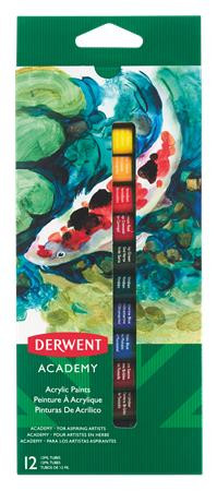 DERWENT Akrilfesték, 12 ml, DERWENT "Academy", 12 különböző szín