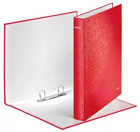 LEITZ Gyűrűs könyv, 2 gyűrű, D alakú, 40 mm, A4 Maxi, karton, LEITZ "Wow", piros