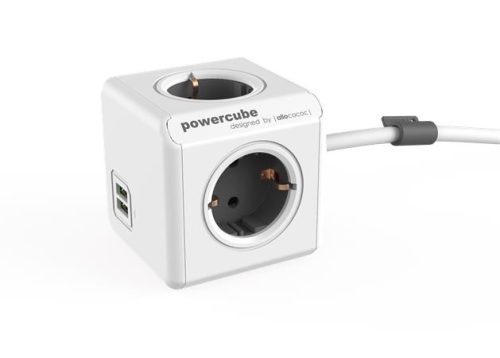 ALLOCACOC Elosztó, 4 aljzat, 2 USB csatlakozó, 1,5 m kábelhosszúság, ALLOCACOC "PowerCube Extended USB DE", fehér-szürke