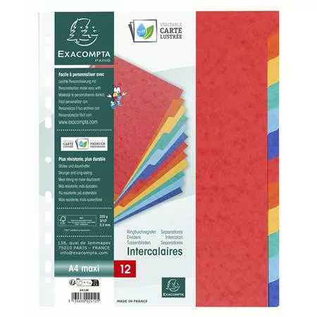 EXACOMPTA Regiszter, karton, A4+, 12 részes, EXACOMPTA, színes